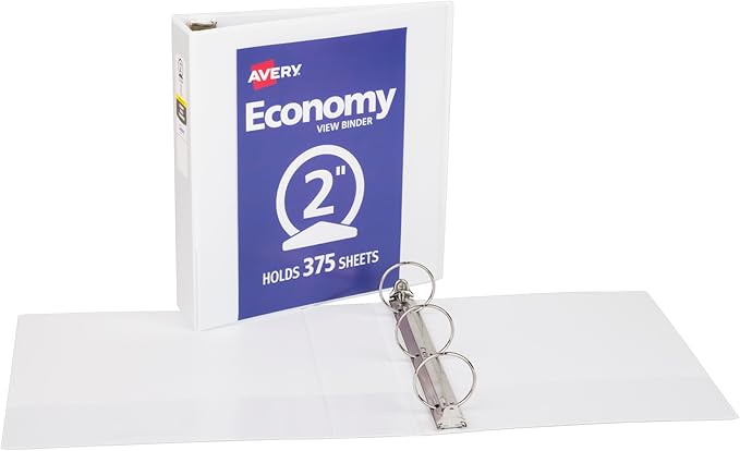 Avery Standard View 3 Ring Binder, 2" Round Rings, 375-Sheet Capacity, 2.8 Inch Wide Spine, 1 White Binder, Ideal for Lightweight Organization and Occasional Referencing (05731)