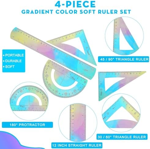 1 Set Flexible Ruler Math Set - Includes Protractor, Triangle Rulers, 12 Inch Straight Ruler, Drafting Geometry Measuring Tool for School, Office, Home Supplies (Gradient Style, Blue)