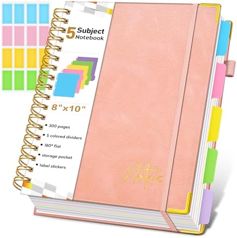 5 Subject Graph Paper Notebook with Removable Dividers Tabs, 300 Pages Hardcover Leather Grid Spiral Journal, 8"x10" B5 Large Graphing Notebooks for Women Men Work School College Engineering, Pink