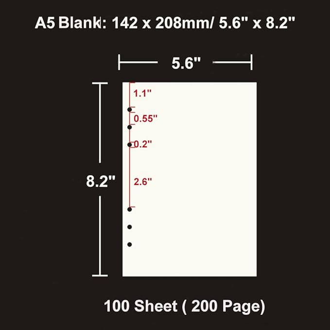 A5 Refill Paper 6 Hole Punched Filler Paper Refills for A5 Loose Leaf Notebook Travel Journal Personal Diary Planner Binder Scrapbook, 80 Sheet, Blank Paper, 5.6 Inches x 8.2 Inches