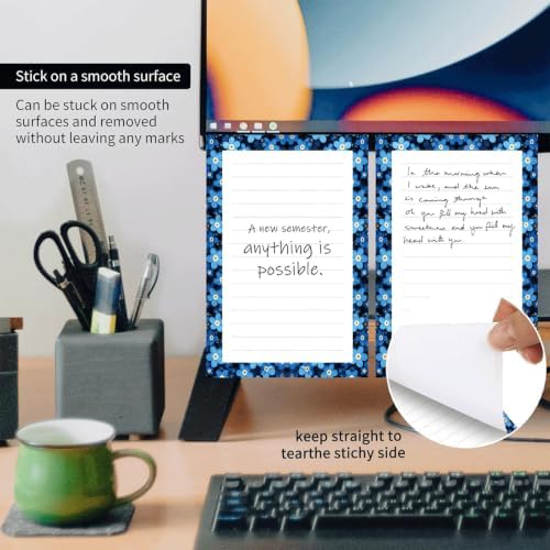 2 Pack Lined Sticky Notes 4x6 in, Cute Self-Stick Notepads with Lines, Large Memo Pads Strong Adhesive for Office, Home Blue Boho Flowers
