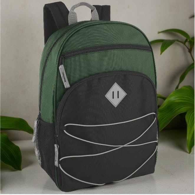 Summit Ridge Boys and Girls School Backpacks with Bungee Cord Front | 17” Multi Pocket Backpack for Kids, Teens, Adults, Travel (Green/Black)