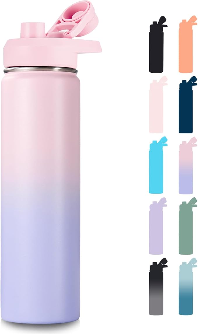 Fijinhom 24 oz Insulated Water Bottle with Handle, 304 Stainless Steel Water Bottles with Wide Mouth, Double Wall Vacuum Sports Water Bottle, BPA Free, Keep Cold and Hot, Pink/Purple