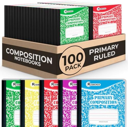 Rosmonde 100 Pack Bulk Composition Notebooks, Primary Ruled, Color Marbles