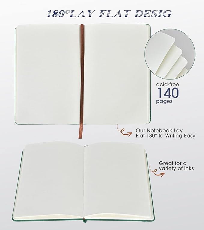 Biuwory Blank Journal Notebook for Women Men, Hardcover Leather Sketchbook 5.7"×8.3", 140 Pages Unlined Sketch book for Drawing, Writing, Travel, School & Work, Journaling Notebooks (Green)