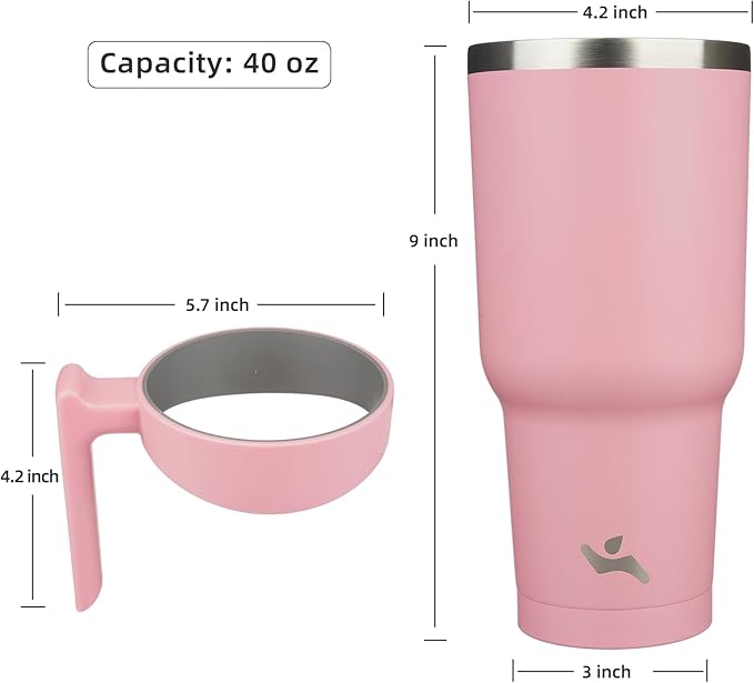 Konokyo 40 oz Tumbler with Handle and 2 Straw 2 Lid, Insulated Water Bottle Stainless Steel Vacuum Cup Reusable Travel Mug, Light Pink