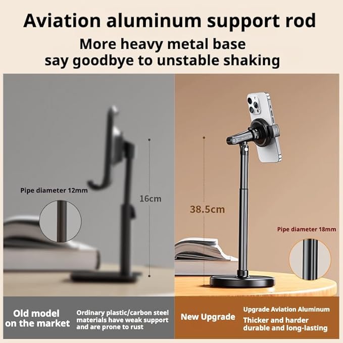 Height Adjustable Phone Stand for Desk, Retractable Desktop Phone Holder, 180° Flip & 360° Rotation Design，Compatible with iPhone/Android Devices,Ideal for Live Streaming and Video Recording (White)