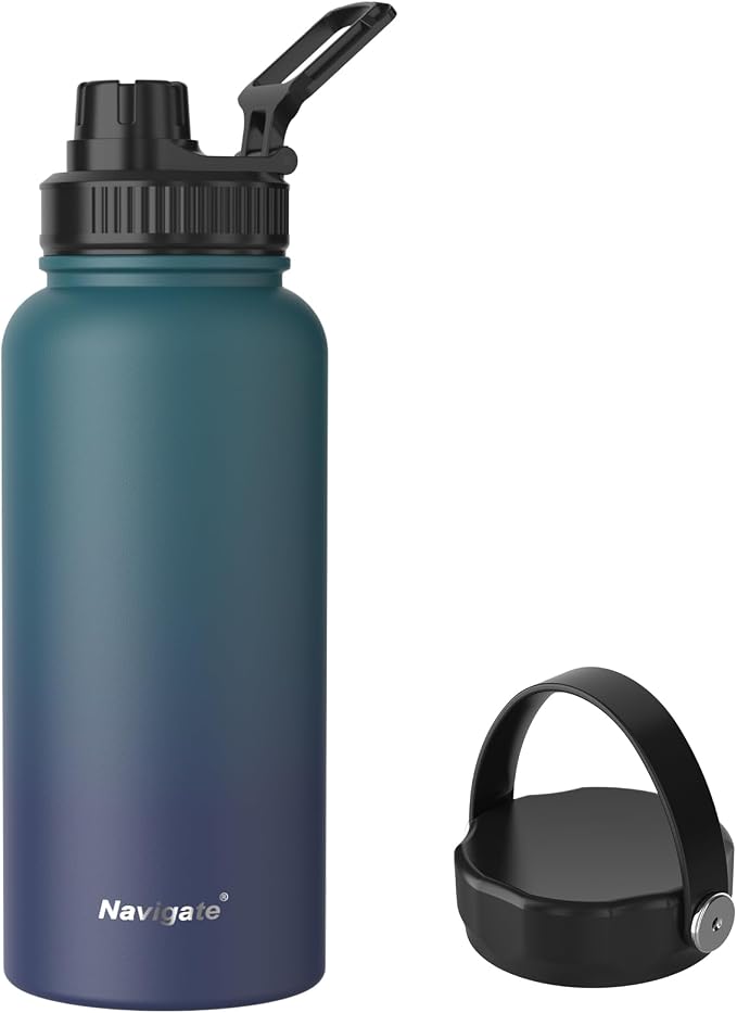 Navigate 32oz Insulated Water Bottle for Sports, Keep Cold 24H | 2-in-1 Spout and Handle Lids, Double Leak-Proof, 18/8 Stainless Steel, BPA-Free, Wide Mouth for Hiking,Blue Gradient