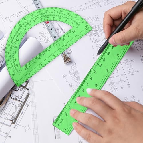 2 Packs 12 Inch Clear Ruler and 6 Inch Protractor Set,Green