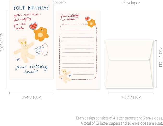 Monolike Unmatched Friends Happy Birthday Mini Letter Paper and Envelopes Set - 8Type, 32 Letter Paper + 16 Envelopes