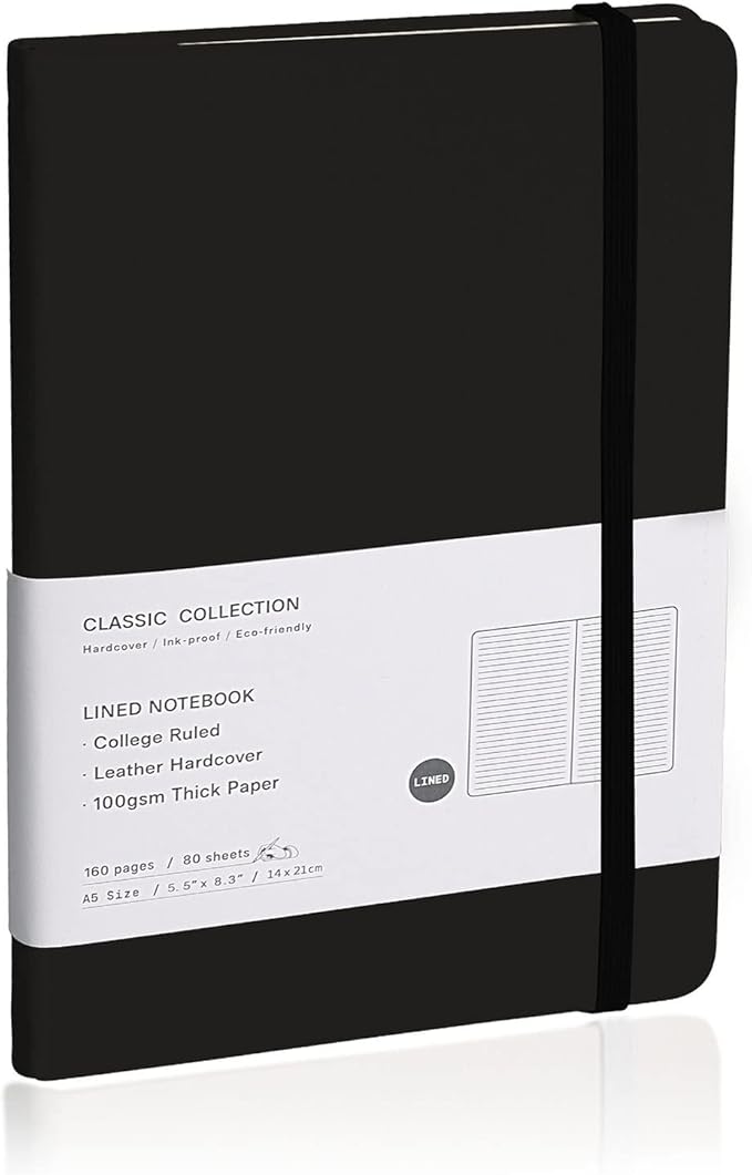 Lined Journal Notebook – Hardcover Notebook for Men & Women – Journals for Writing, Work, School, Home & Daily Notes, 160 Pages – Medium A5, 5.7"x8", 100 gsm Thick Paper (Black)