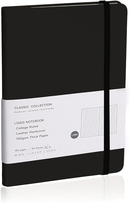Lined Journal Notebook – Hardcover Notebook for Men & Women – Journals for Writing, Work, School, Home & Daily Notes, 160 Pages – Medium A5, 5.7"x8", 100 gsm Thick Paper (Black)