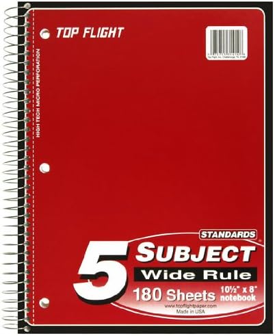 Top Flight Standards 5-Subject Wirebound Notebook, 180 Sheets, 3-Hole Punched, Wide Rule, 10.5 x 8 Inches, 1 Notebook, Color May Vary (31414) (Pack of 2)