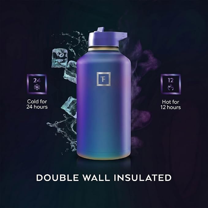 IRON °FLASK 64 oz Wide Mouth Water Bottle with Straw | Insulated Half Gallon Water Bottle with Leakproof Straw Lid - BPA Free, Cold 24 Hrs, Sweat Free (Aurora)