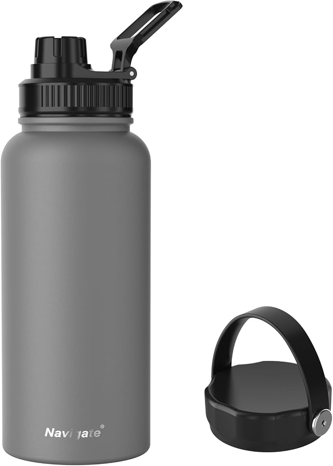 Navigate 32oz Insulated Water Bottle for Sports, Keep Cold 24H | 2-in-1 Spout and Handle Lids, Double Leak-Proof, 18/8 Stainless Steel, BPA-Free, Wide Mouth for Gym and Hiking,Grey