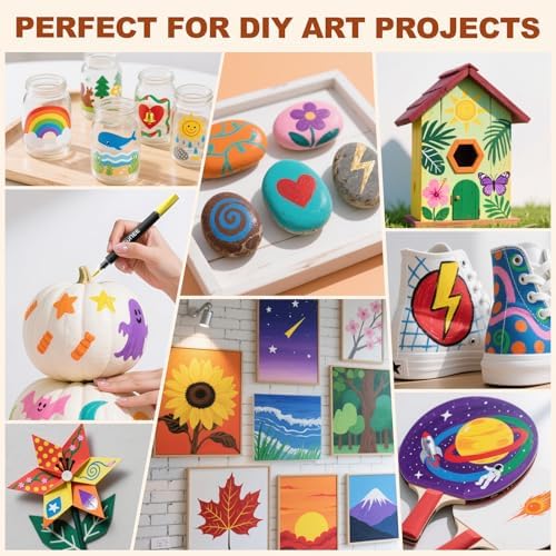 SUNEE 30 Colors Acrylic Paint Markers, Dual Tip Bullet & Brush Paint Pens with Automatic Ink Control System, Art Supplies for Adults & Teens, for Rock, Wood, Canvas, Glass Creative Projects
