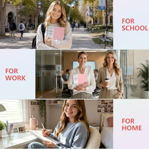 4 Pack Spiral Notebooks, 1 Subject College Ruled, 10.5 x 8 in, 70 Sheets Each, 3-Hole Punched Perforated Pages, Plastic Covers with Pockets, Silver Coil, Assorted Colors