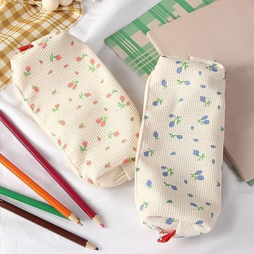 Pink Strawberries Women Fresh Style Pencil Bag Flower Floral Canvas Large Pen Pencil Pouch Bag Pencil Case Pen Holder Coin Pouch, Simple Cosmetic Storage Bags Makeup Bag Office Stationery Organizer