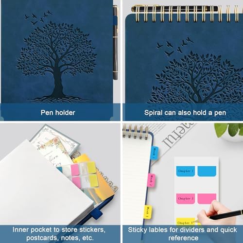 A4 Top Spiral Notebook, Tree Pattern Large Leather Hardcover Left Handed Journal, 240 Pages 100 Gsm Lined Paper Top Bound Steno Pads for Work, School, Travel Writing - Navy Blue, 8.5" x 11"