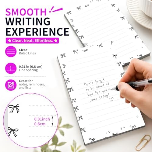 Lined Sticky Notes 4x6 in, 2 Pack Large Cute Notepads with Lines Self-Stick Note Pad, Funny Memo Pads Strong Adhesive for Office, Home Black Cute Small Bowtie
