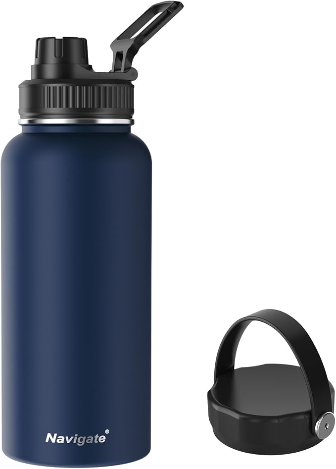 Navigate 32oz Insulated Water Bottle for Sports, Keep Cold 24H | 2-in-1 Spout and Handle Lids, Double Leak-Proof, 18/8 Stainless Steel, BPA-Free, Wide Mouth for Hiking,Dark Blue