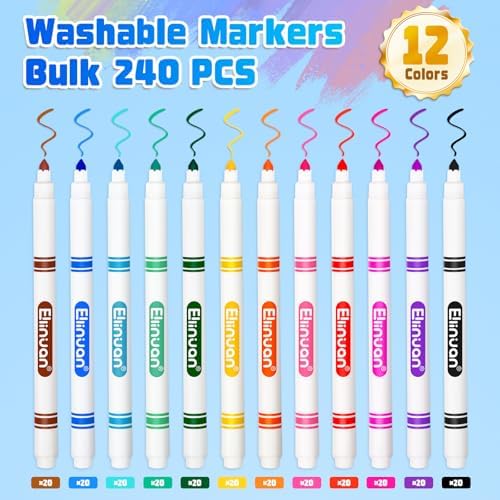 Ellinjan 240 Count Washable Markers Bulk, 12 Assorted Colors, Fine Line Colored Marker with Conical Tip, Washable Markers for Kids, Bulk Marker for Classroom, School Art Supplies for Students Teachers
