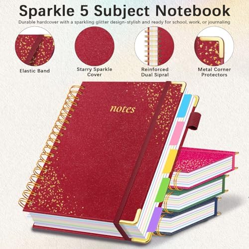 Hardcover Spiral Notebook with Tabs & Dividers, 8"x10" 5 Subject