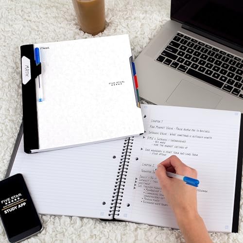 Five Star Advance Spiral Notebook + Study App, 5 Subject, College Ruled Paper, 8-1/2" x 11", 200 Sheets, Spiral Guard, Movable Tabbed Dividers, White (73154) (Pack of 6)