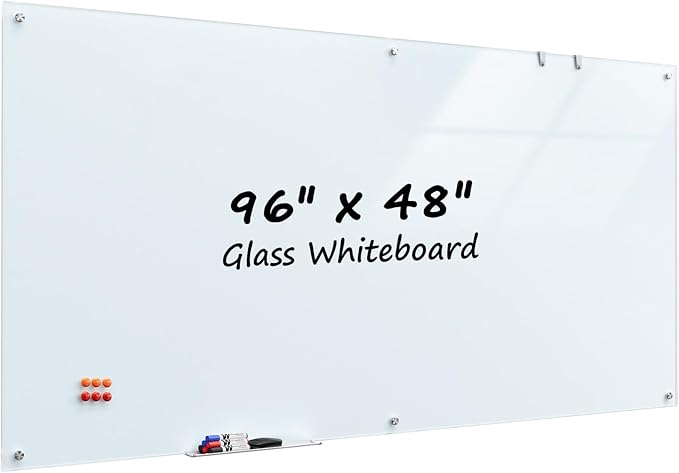 MaxGear Glass Whiteboard 96 x 48 Inch, Extra Large Tempered Glass Dry Erase Board 8 x 4 ft, Frameless Wall Mounted Magnetic Whiteboard for Conference Room, Classroom, Presentation, Team Collaboration