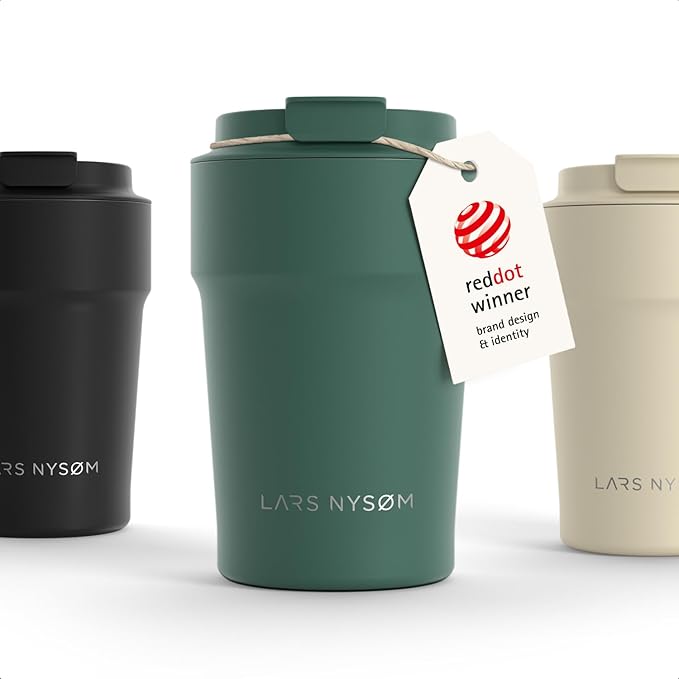 LARS NYSØM Thermo Coffee Mug to go 13oz | Travel Mug 0.38 Liter with Insulation | Silicone grip base | Leak Proof Stainless Steel Tumbler for Coffee and Tea on the Go (Powder Pine Green, 13oz)