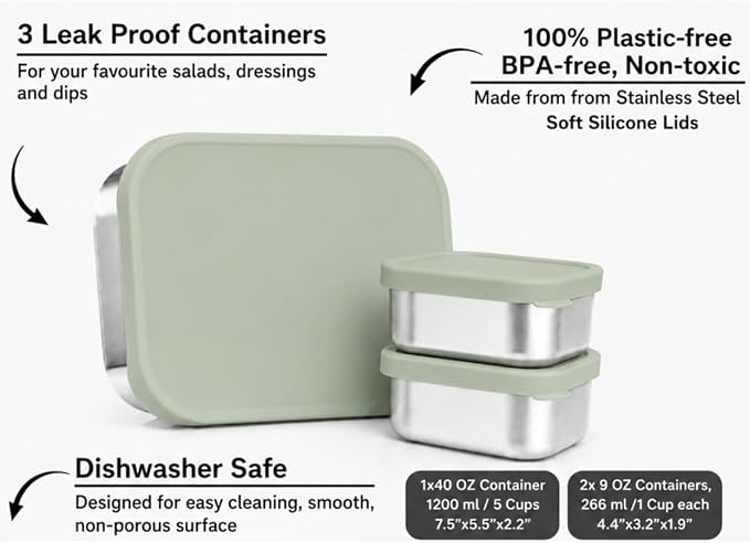 Modaniam Flexibento Leak Proof 40 OZ Stainless Steel Lunch Box, Silicone Lids, Sage Set of 3