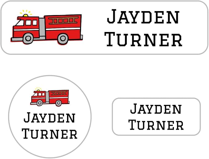Name Bubbles - Kids Custom Name Labels for Daycare, School, Camp (144 Labels) - Personalized Waterproof Name Stickers for Clothes Tags, Lunch Boxes, Water Bottles, & School Supplies (Fire Truck)