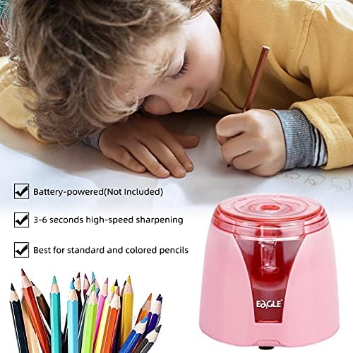 Eagle Electric Pencil Sharpener, Battery Powered, Large Shaving Holders, Carbon Steel Blades, Portable, Reusable and Replaceable Blade, Suitable for Kids, Home, School and Office use (Pink)