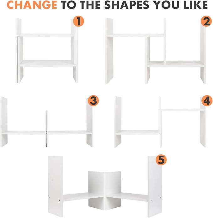 ShellKingdom Desk Shelf Organizer, H-Shaped Desktop Shelves, Adjustable Desktop Corner Shelf, Bookshelf Storage Rack and Cubicle Decor for Desk, Tabletop, School, Office, Dorm Desk Organizer - White