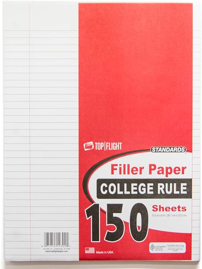 Top Flight Filler Paper, 10.5 x 8 Inches, College Rule, 150 Sheets (12302)
