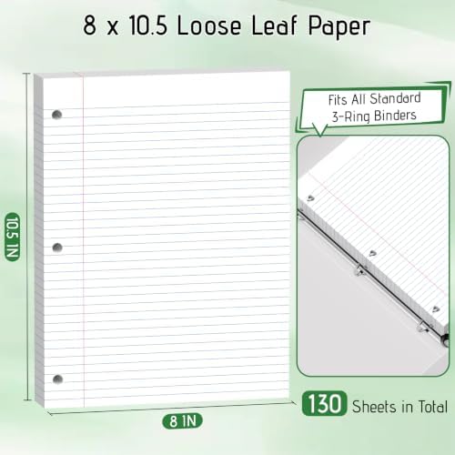 120 Sheets White Loose Leaf Paper, 8 x 10.5 In College Ruled Filler Paper