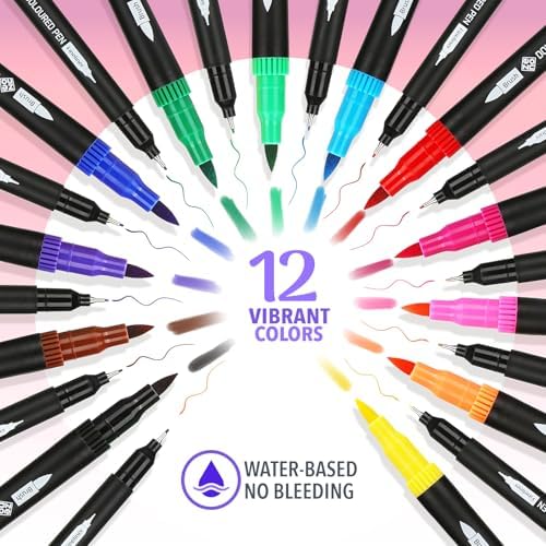 ZENO 12 Dual Tip Markers Set-C – No-Bleed Coloring Markers for Adults – Fine & Brush Tip - Watercolor Pens for Journaling, Coloring Books, and Artists