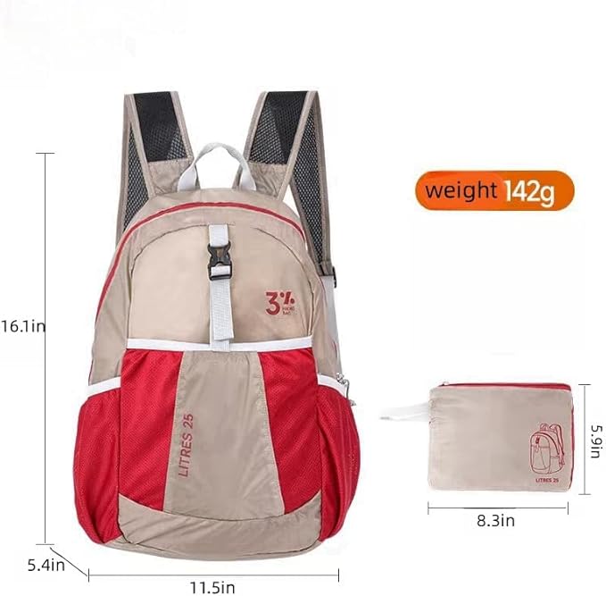 Travel lightweight foldable backpack hiking backpack splash proof compact travel backpack day pack (khaki&red)