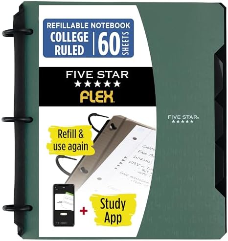 Five Star Flex Refillable Notebook + Study App, College Ruled Paper and 1 Inch TechLock Ring Binder with Pockets, Tabs and Dividers, 200 Sheet Capacity, Seaglass Green (293280AQ8)