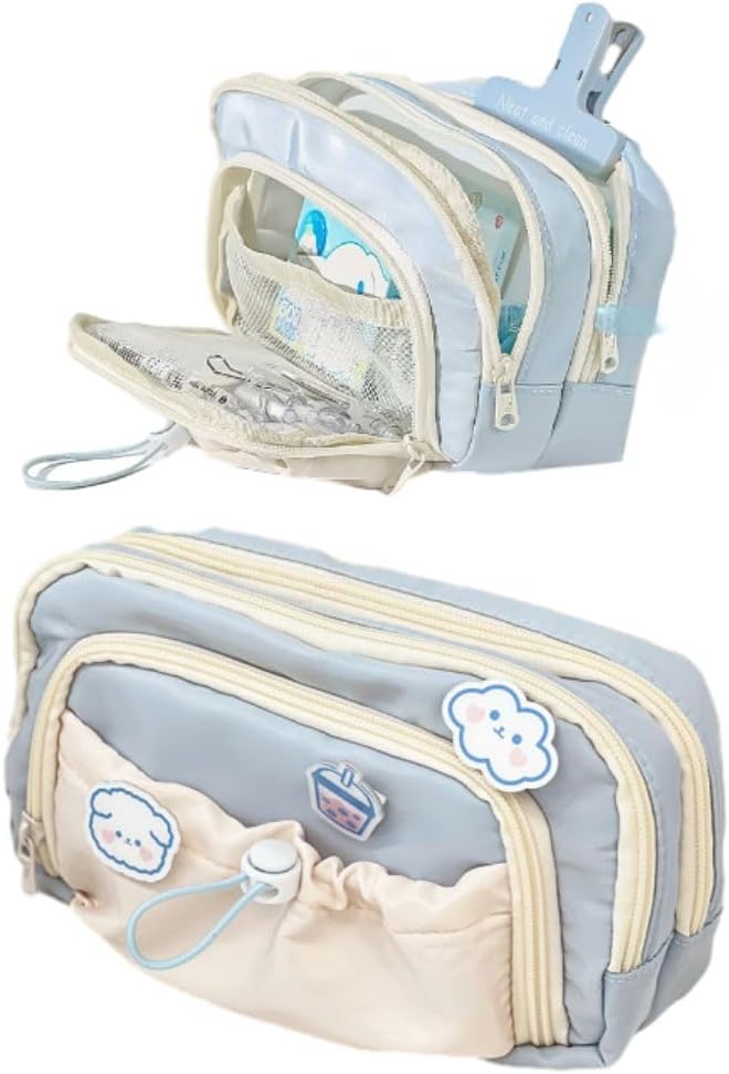 Cute Aesthetic Pencil Case Kawaii Pencil Case with Kawaii Pins Large Pencil Pouch Holder Preppy Supplies (blue)