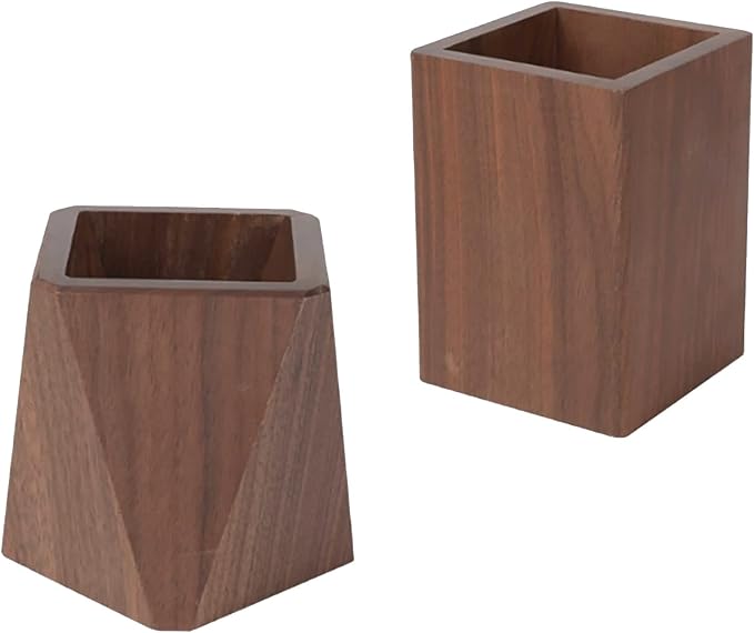 Black Walnut Wooden Pencil Box, Multiple-Use Desk Writing Stationary Organizer Wood Pen Holder Cups Office School Supplies Storage (Square Shape)