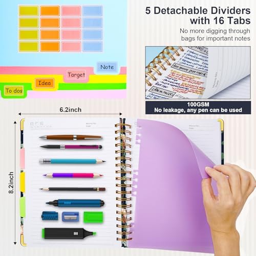 Spiral Journal Notebooks for Work, 300 Pages 5 Subject Notebook College Ruled with Dividers & Tabs, A5 Notebook Journal for Women Students Note-Taking and Organizer (Velvet Bloom)