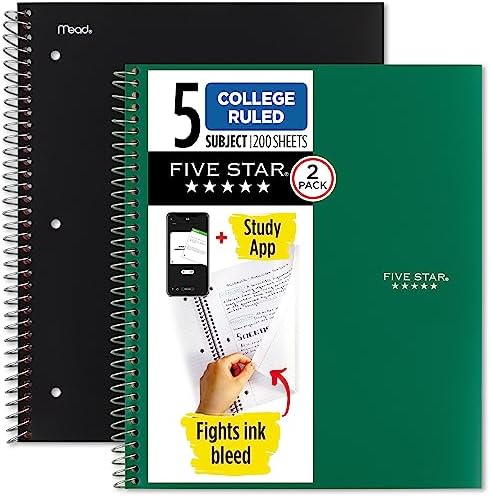 Five Star Spiral Notebook + Study App, 5 Subject, College Ruled Paper, 11" x 8-1/2", 200 Sheets, Black & Forest Green, 2 Pack (820190)