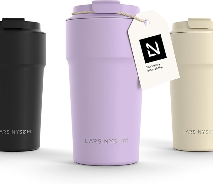 LARS NYSØM Thermo Coffee Mug to go 17oz | Travel Mug 0.5 Liter with Insulation | Leak Proof Stainless Steel Thermal Tumbler for Coffee and Tea on the Go (Lavender Purple, 17oz)