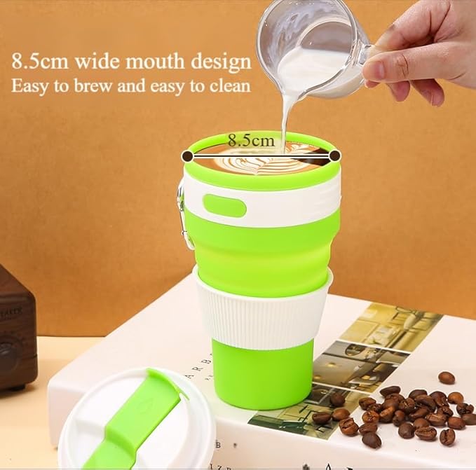 Foldable silicone coffee cup, 16 oz portable eco-friendly water cup with double lids, storage with hanging ring to save space, suitable for outdoor hiking, camping, cycling, car use (Green 420ML)