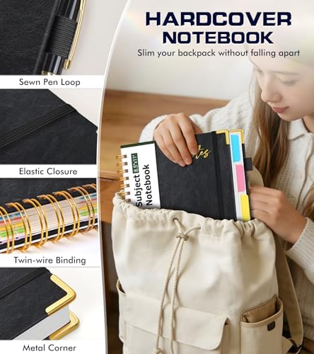 Hardcover Spiral Notebook 8.5"x11" Journal with Removable Dividers Tabs, 300 Pages Organizer Notebooks for Work School, Leather 5 Subject Notebook College Ruled, Large Lined Journal for Women，Black