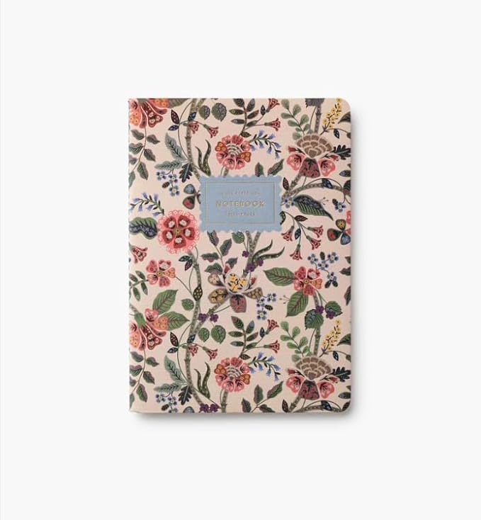 RIFLE PAPER CO. Gracie Stitched Notebook Set, 8.5" L x 6" W, Set Of 3, 64 Ruled Pages With Gold Ink, Full-Color Canvas Cover with White Text Paper Interior