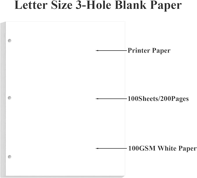 A4 Blank Filler Paper, 3-Hole Blank Paper, 100Sheets / 200Pages Loose-Leaf Paper, 100gsm White Paper, 8.5'' x 11''