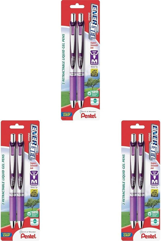 Pentel EnerGel Deluxe RTX Retractable Liquid Gel Pen, 0.7mm, Metal Tip, Violet Ink, 6 Pack (BL77BP2V)