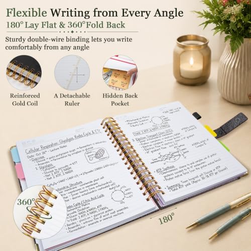 Hardcover Spiral Notebook 6.2''x 8.2'' College Ruled Notebook with Magnetic Closure, 300 Pages 5 Subject Notebooks with Pocket Dividers for Work School, A5 Leather Journal for Women, Men (Black)
